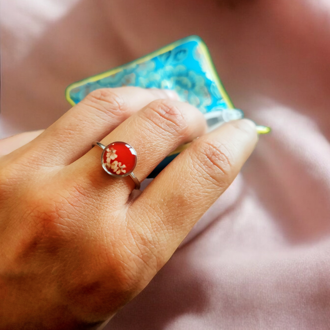 Anello LUNA regolabile con fiore "Pizzo della Regina Anna bianco" - Unima Design