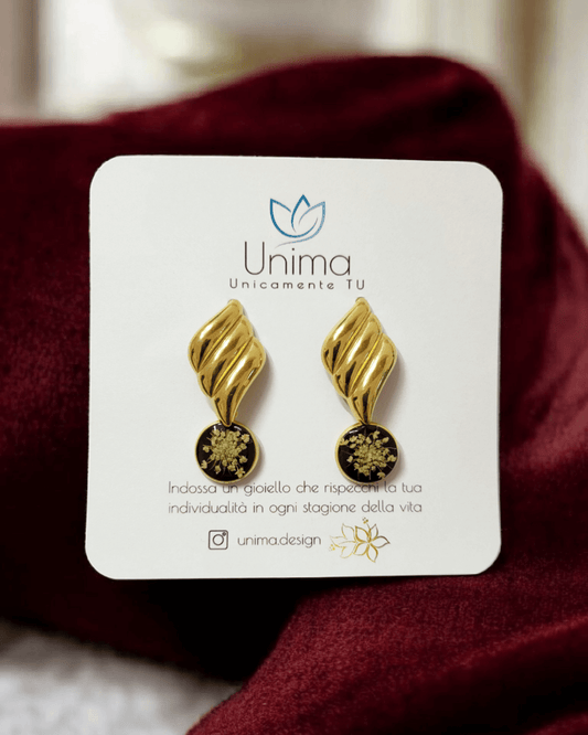 Orecchini CROMOSFERA con resina nero perlato e fiore vero - Unima Design