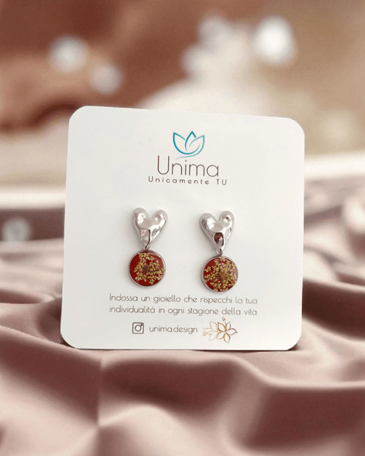 Orecchini CROMOSFERA con resina rossa e fiore "Pizzo della Regina Anna" - Unima Design
